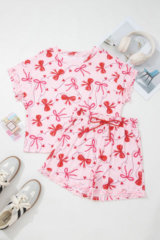 Red Romantic Bow Print Loose Tee Drawstring Shorts 2pcs Lounge Set, Dear-Lover Dropshipping - A Blissfully Beautiful Boutique