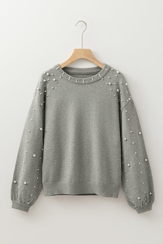 Light Grey Pearled Drop Shoulder Round Neck Sweater