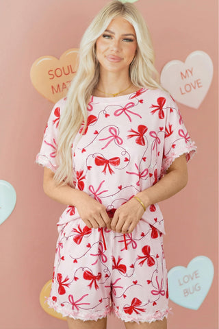 Red Romantic Bow Print Loose Tee Drawstring Shorts 2pcs Lounge Set, Dear-Lover Dropshipping - A Blissfully Beautiful Boutique