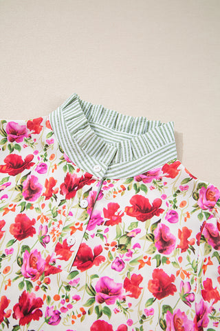 Red Floral Print Striped Patchwork Collared Short Sleeve Blouse