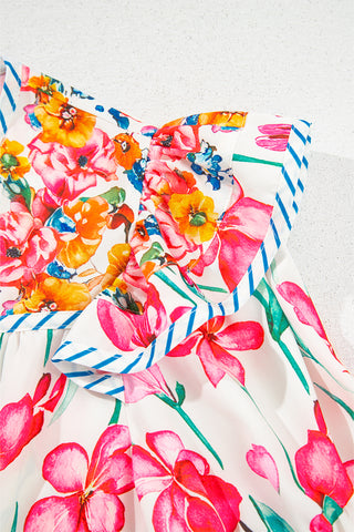 Pink Floral Print Striped Detail Split Neck Short Sleeve Blouse, A Blissfully Beautiful Boutique - A Blissfully Beautiful Boutique