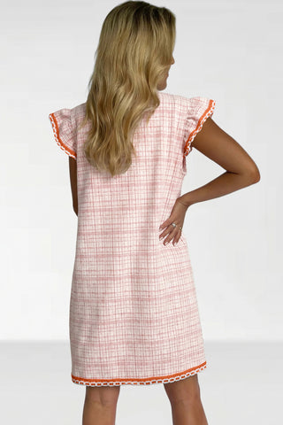 White Jacquard Textured Contrast Trim Short Sleeve Tassel Tie Shift Dress, Dear-Lover Dropshipping - A Blissfully Beautiful Boutique
