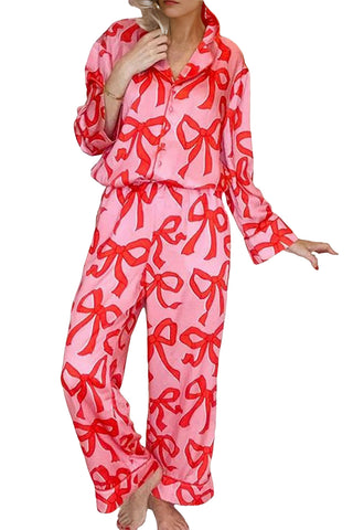 Pink 2pcs Bow Print Shirt Style Long Sleeve Pajama Set