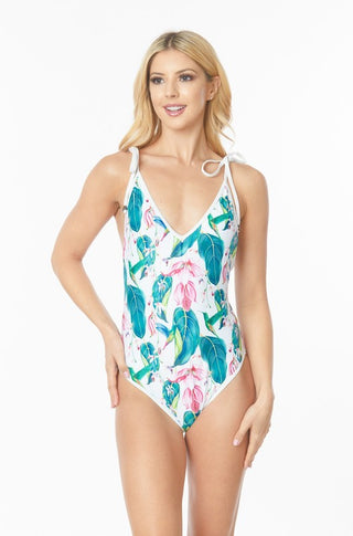 ONE PIECE BATHING SUIT FLORAL PRINT SHOULER TOP TI