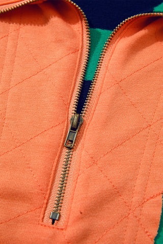 Green Stripe Quarter-Zip Metal Zipper Cover Stitch Hem Top