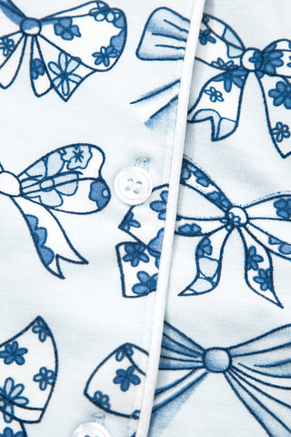 Sky Blue Bow Print Short Pajama Set, Dear-Lover Dropshipping - A Blissfully Beautiful Boutique
