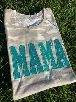 Natural or Vintage Camo Custom Mama or Mascot Glitter Applique Embroidered Shirt, Merch Girls - A Blissfully Beautiful Boutique