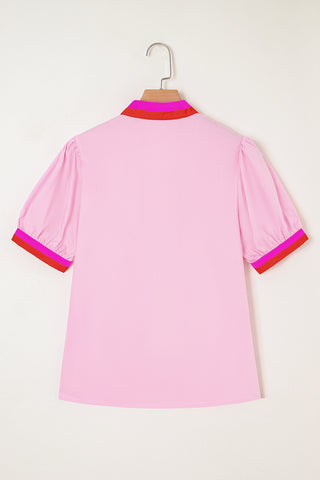 Pink Contrast Striped V Neck Collision Short Puff Sleeve Blouse, A Blissfully Beautiful Boutique - A Blissfully Beautiful Boutique