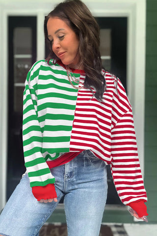 Green Stripe Contrasted Color Block Patchwork Baggy Sweatshirt
