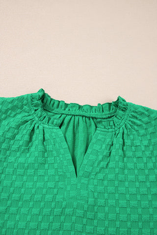 Bright Green Textured Puff Short Sleeve Notched V Neck Top