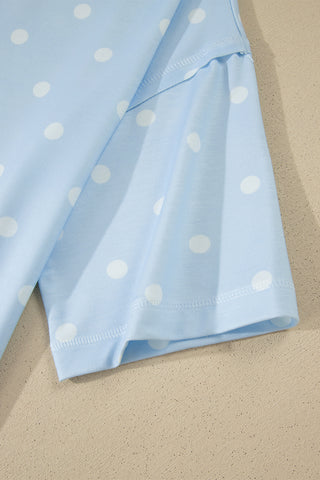 Sky Blue Exposed Seam Detail Polka Dot Loose Tee Drawstring Shorts Set, Dear-Lover Dropshipping - A Blissfully Beautiful Boutique