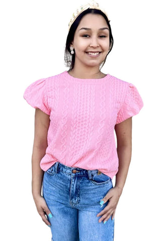 Pink Textured Puff Sleeve T Shirt