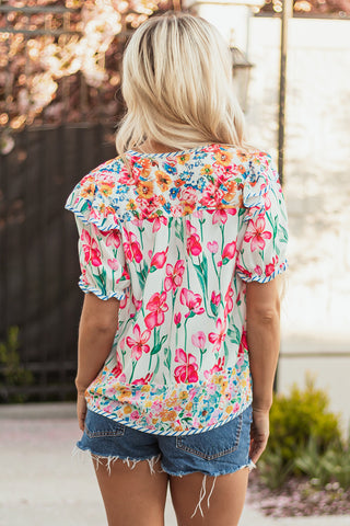 Pink Floral Print Striped Detail Split Neck Short Sleeve Blouse, A Blissfully Beautiful Boutique - A Blissfully Beautiful Boutique