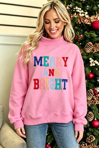 Peach Blossom MERRY AND BRIGHT Stitched Letter Pattern Mock Neck Sweatshirt