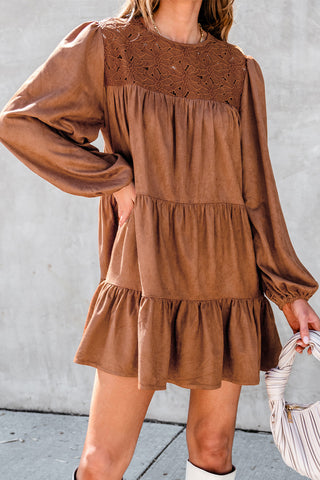 Chestnut Floral Lace Crochet Tiered Ruffled Mini Dress