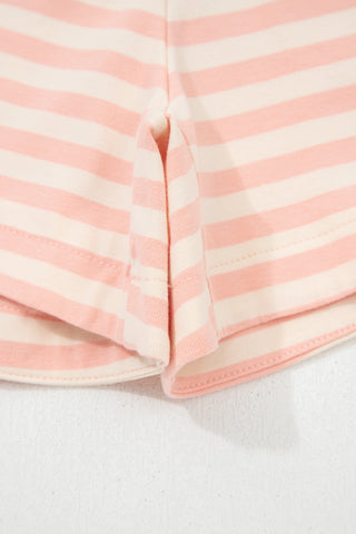 Pink Stripe Contrast Neck Loose Tee and Drawstring Shorts Set