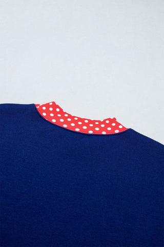 Navy Blue Polka Dot Trim Baggy Pullover 2pcs Short Set