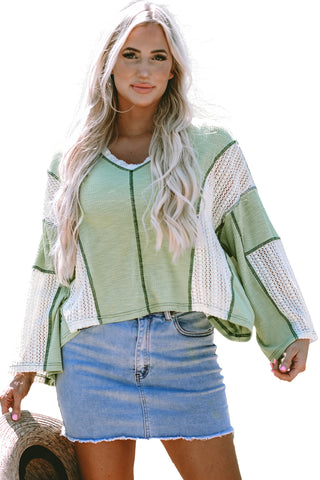 Grass Green Crochet Detail Exposed Seam High Low Loose Top