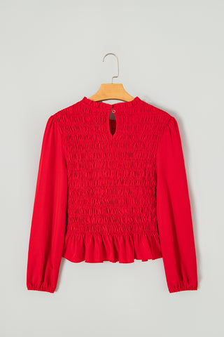 Jet Stream Solid Color Smocked Ruffle Hem Long Sleeve Blouse