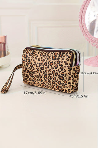 Brown Leopard Print PU Leather Wristlet Zipper Makeup Bag, Dear-Lover Dropshipping - A Blissfully Beautiful Boutique
