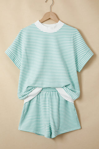 Green Stripe Cuffed Sleeve Contrast Mock Neck Tee Casual 2pcs Short Set, Dear-Lover Dropshipping - A Blissfully Beautiful Boutique