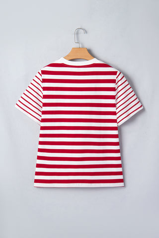Red Stripe Patchwork Round Neck T Shirt, Dear-Lover Dropshipping - A Blissfully Beautiful Boutique
