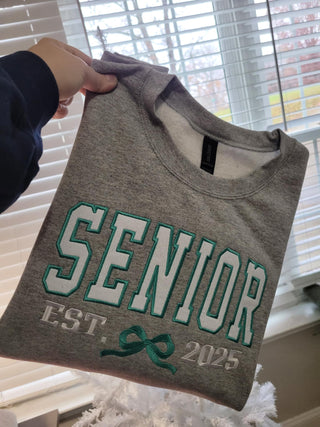 Custom Senior Established Year Coquette Bow Varsity Glitter Applique Embroidered Shirt, Merch Girls - A Blissfully Beautiful Boutique