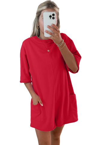 Fiery Red Solid Color Raw Edge Half Sleeve Pocketed Loose Romper, Dear-Lover Dropshipping - A Blissfully Beautiful Boutique