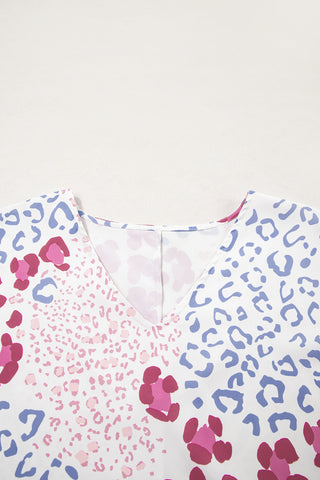 Pink Mixed Leopard Print V Neck Short Sleeve Blouse, A Blissfully Beautiful Boutique - A Blissfully Beautiful Boutique