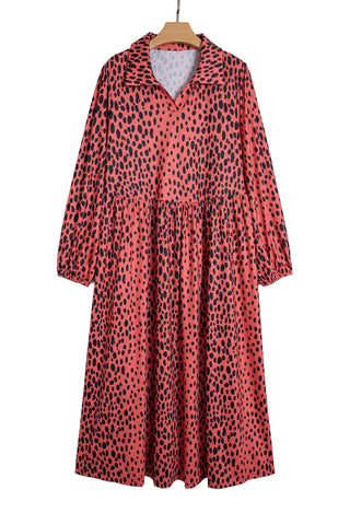 Red Leopard Print Long Sleeve V Neck Plus Size Midi Dress