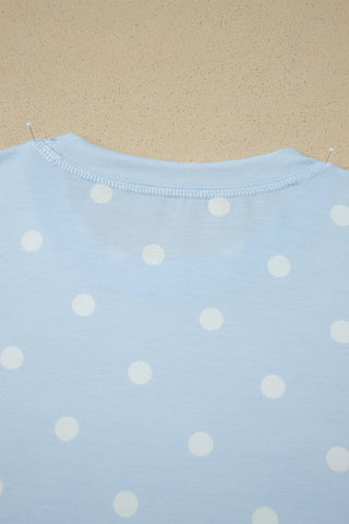 Sky Blue Exposed Seam Detail Polka Dot Loose Tee Drawstring Shorts Set, Dear-Lover Dropshipping - A Blissfully Beautiful Boutique