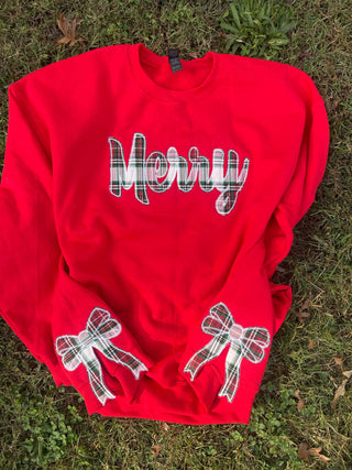Merry Plaid Fabric Applique with Optional Side Bows Christmas Holiday Embroidered Sweatshirt, Merch Girls - A Blissfully Beautiful Boutique