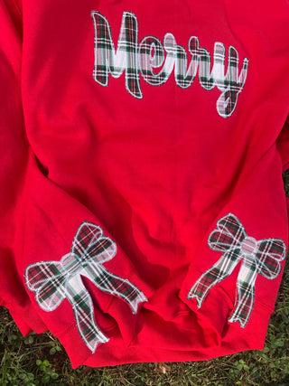 Merry Plaid Fabric Applique with Optional Side Bows Christmas Holiday Embroidered Sweatshirt, Merch Girls - A Blissfully Beautiful Boutique