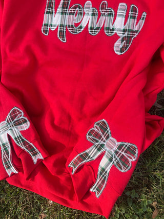 Merry Plaid Fabric Applique with Optional Side Bows Christmas Holiday Embroidered Sweatshirt, Merch Girls - A Blissfully Beautiful Boutique