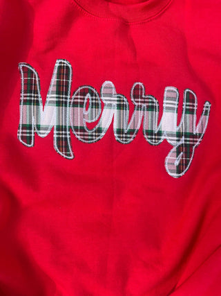 Merry Plaid Fabric Applique with Optional Side Bows Christmas Holiday Embroidered Sweatshirt, Merch Girls - A Blissfully Beautiful Boutique