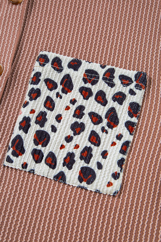 Dark Khaki Leopard Patched Twisted Ribbed Western Casual Shacket