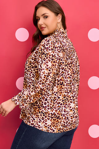Brown Plus Size Leopard Frilled Stand Neck Blouse, Dear-Lover Dropshipping - A Blissfully Beautiful Boutique