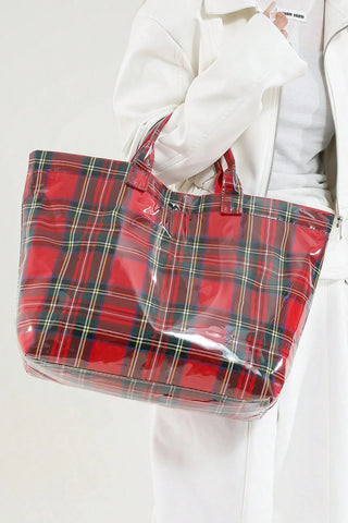 Fiery Red Plaid Pattern PVC Glossy Waterproof Tote Bag, Dear-Lover Dropshipping - A Blissfully Beautiful Boutique