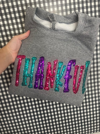 Thankful Colorful Sequin Applique Embroidered Shirt, Merch Girls - A Blissfully Beautiful Boutique