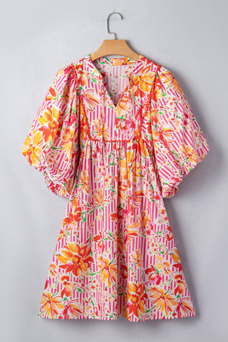 Pink Striped Floral Print Tie Neck Puff Sleeve Loose Mini Dress, Dear-Lover Dropshipping - A Blissfully Beautiful Boutique