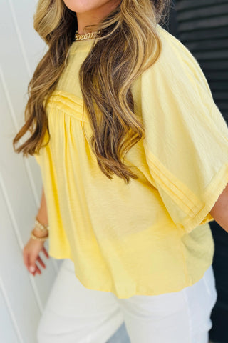Yellow Cream Tie Half Sleeve Pleated Detail Babydoll Blouse, Dear-Lover Dropshipping - A Blissfully Beautiful Boutique