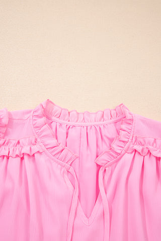 Bonbon Plus Size Textured Tassel Tie V Neck Ruffle Short Sleeve Blouse, Dear-Lover Dropshipping - A Blissfully Beautiful Boutique