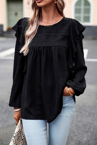 Black Lace Eyelet Ruffle Shoulder Long Sleeve Blouse