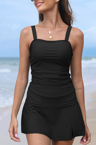 Black Solid Square Neck Sleeveless Tankini Swimsuit