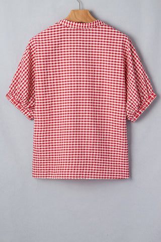 Red Plaid Short Sleeve Colorblock Trim Split Neck Blouse, Dear-Lover Dropshipping - A Blissfully Beautiful Boutique