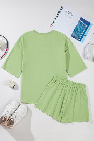 Meadow Mist Green Solid Loose V Neck Half Sleeve Tee and Shorts