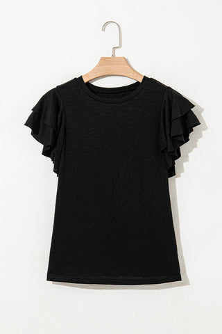 Black Layered Ruffle Short Sleeve Round Neck Top