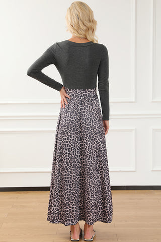 Black Long Sleeve Fitted Bodice Leopard Maxi Dress