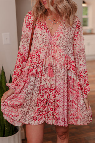 Pink Bohemian Floral Print Tassel Tie Long Sleeve Flowy Mini Dress, Dear-Lover Dropshipping - A Blissfully Beautiful Boutique