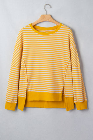 Pink Stripe Textured Knit Color Block Trim Split Hem Long Sleeve Top
